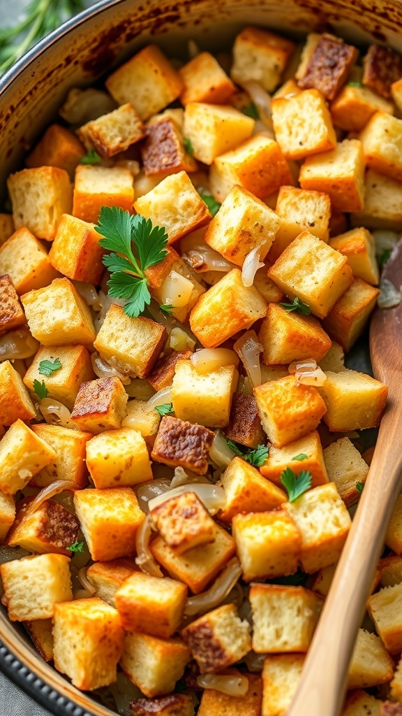 Savory Homemade Bread Stuffing Recipe A baking dish filled with golden-brown homemade bread stuffing, garnished with parsley, on a festive table.